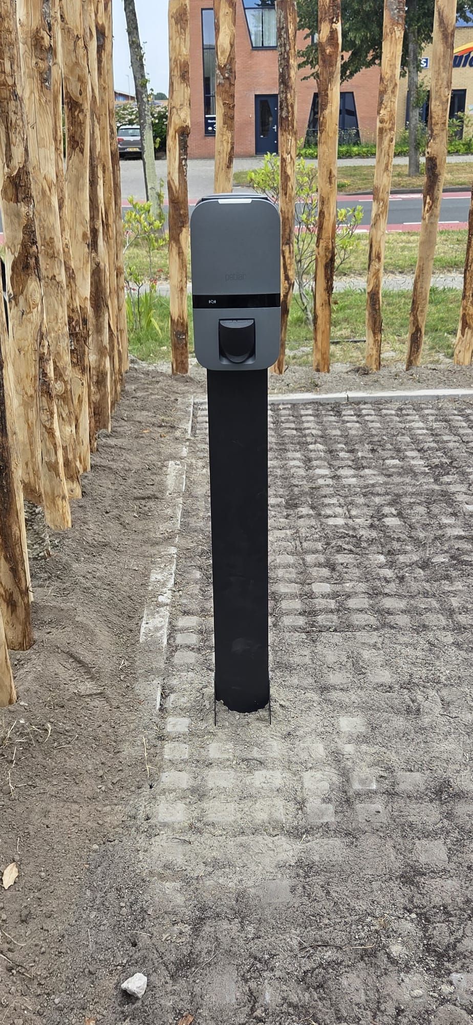 Geïnstalleerde laadpaal op een zwarte zuil bij een parkeerplaats, elektrotechnische installatie en aansluiting